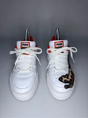 Puma White Sneakers with Leopard Accent and Red Trim
